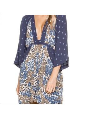 Free People Women Chiffon Boho Blue Print Mini Dress Small
